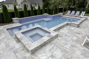 Geometric Pool w Travertine Patio and Spa