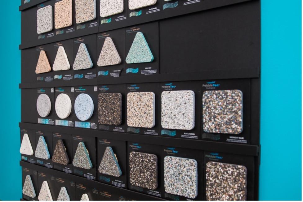 pictures of Pebble Tec samples offered during your backyard selections meeting