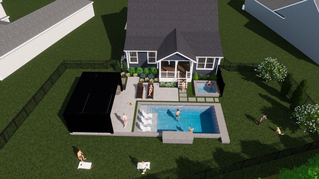 An outdoor 3D design of a house with a pool and people in the backyard